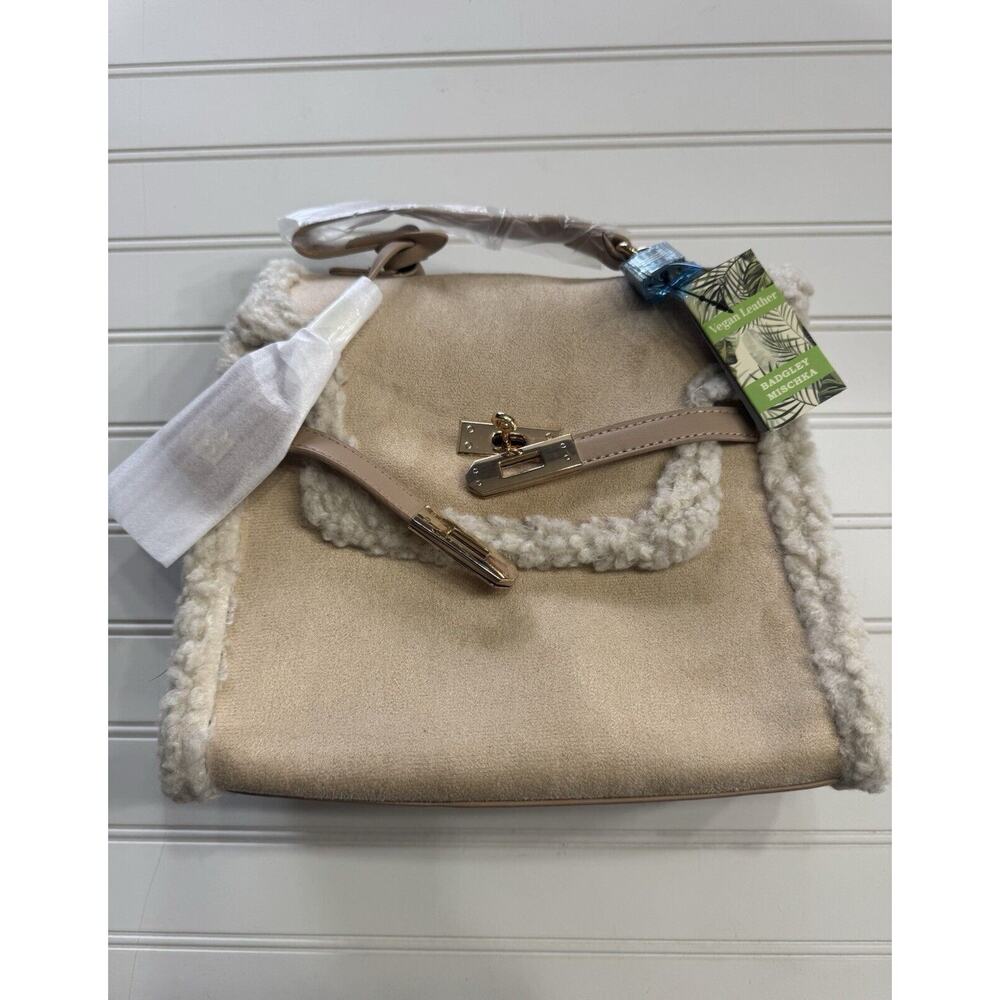Badgley Mischka Vegan Leather Satchel Handbag w/ Fur Border, Brown NWT $159 - Picture 2 of 7